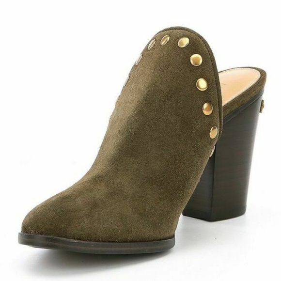 Michael Kors Louise Suede Mules Olive Studded Stacked Block Heel Slip On Clog - Picture 2 of 15